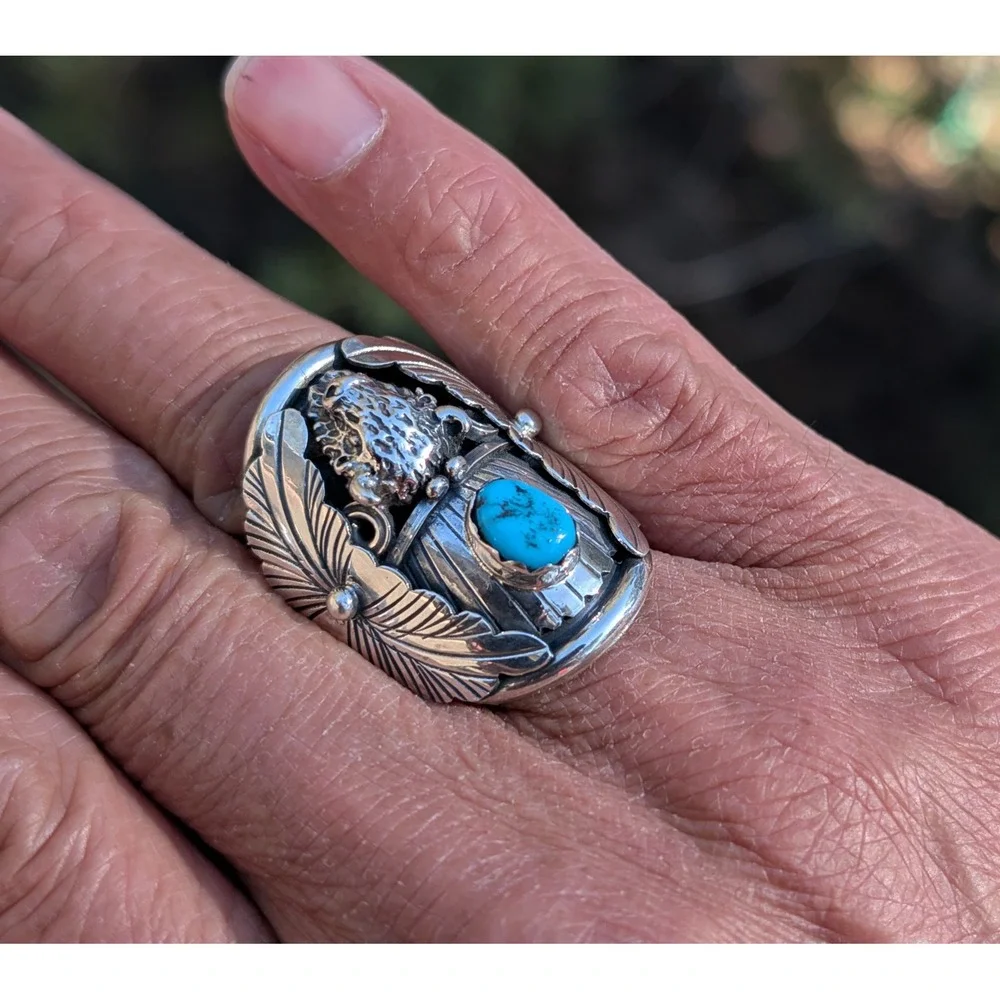 Navajo Men's Buffalo Ring Sterling Silver Turquoise‎ Signed Junior Begay 12**